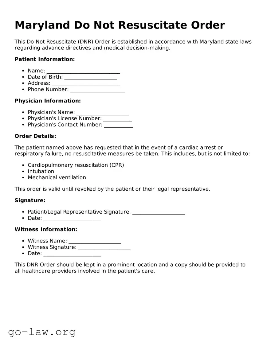 Fillable Maryland Do Not Resuscitate Order Form