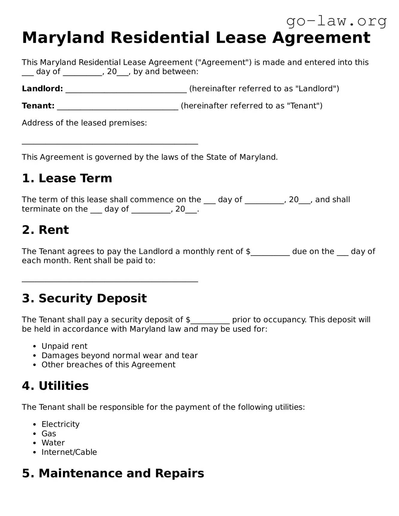 Fillable Maryland Residential Lease Agreement Form