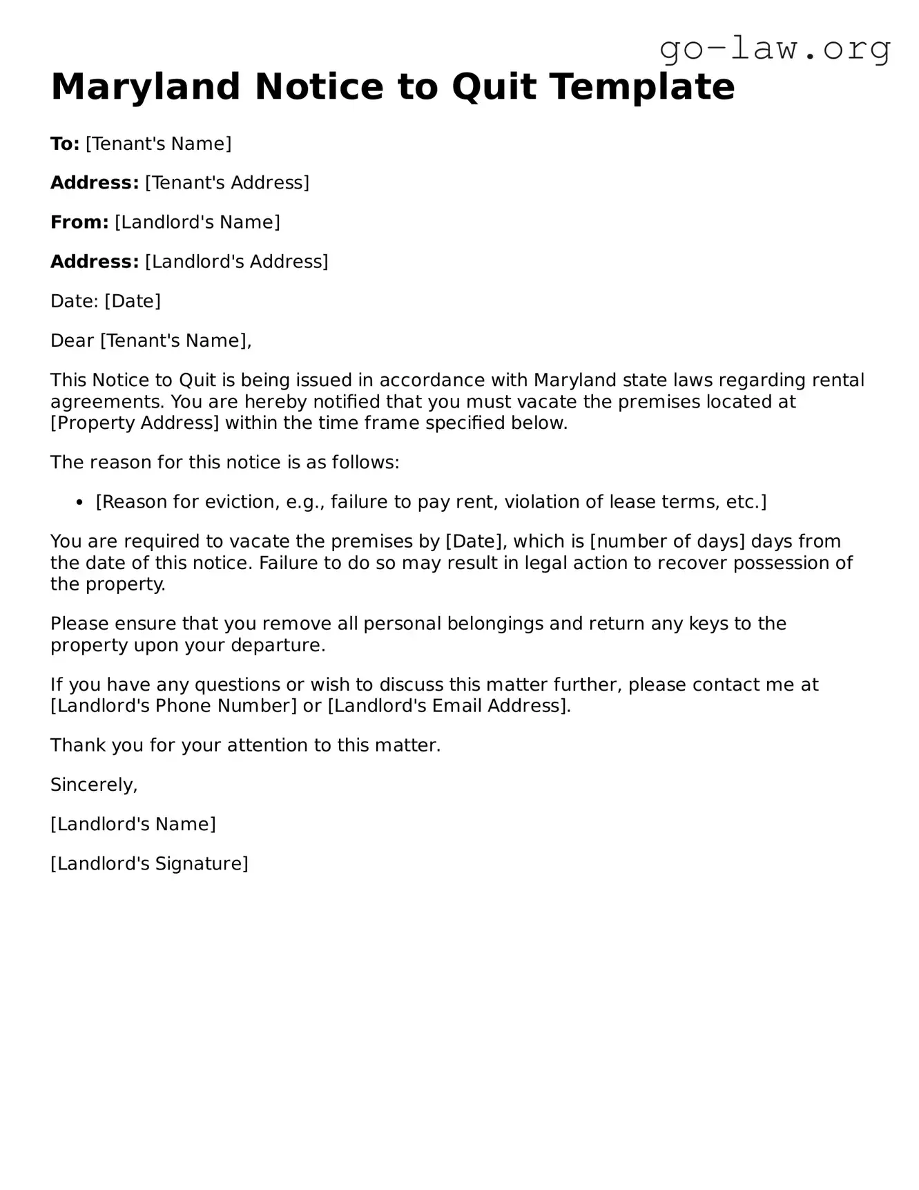 Fillable Maryland Notice to Quit Form