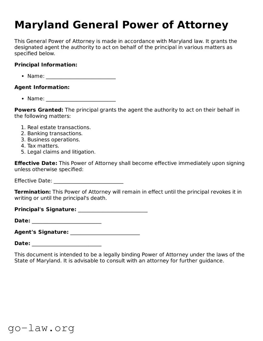 Fillable Maryland General Power of Attorney Form