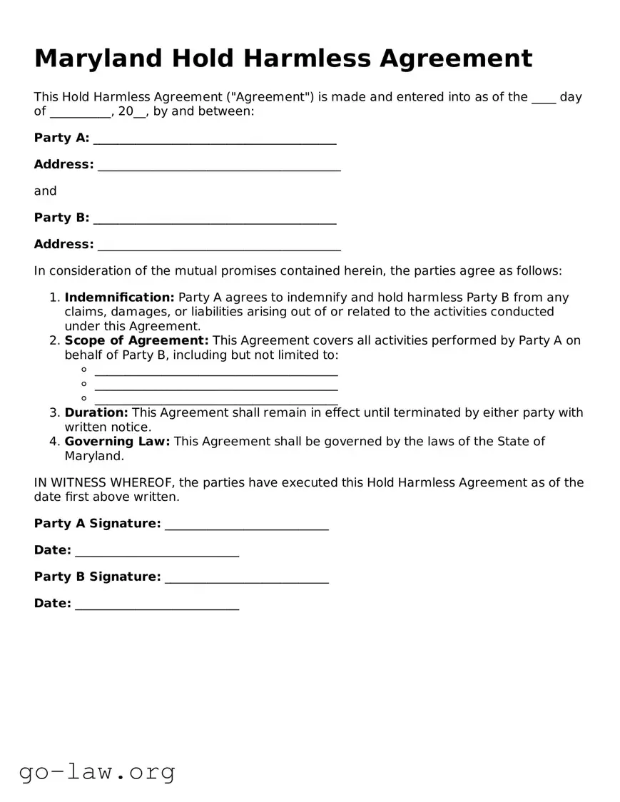Fillable Maryland Hold Harmless Agreement Form