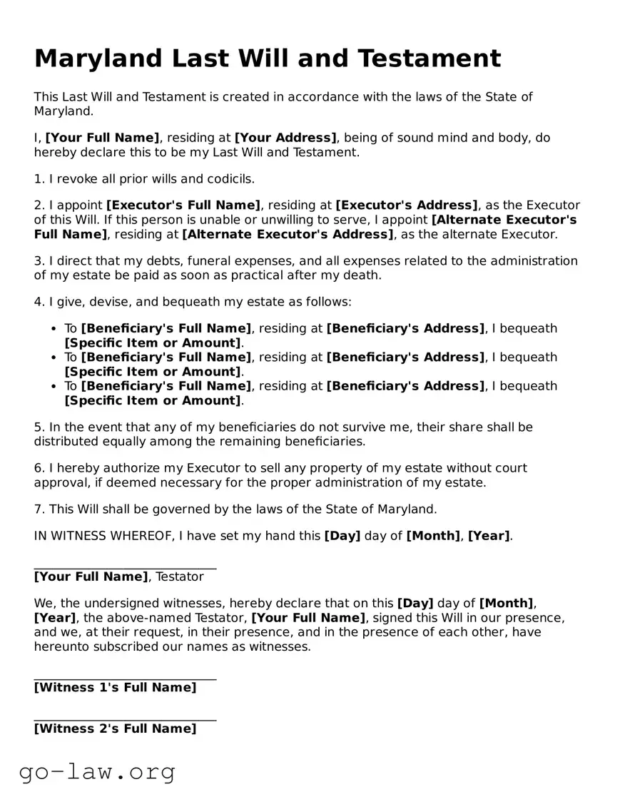 Fillable Maryland Last Will and Testament Form