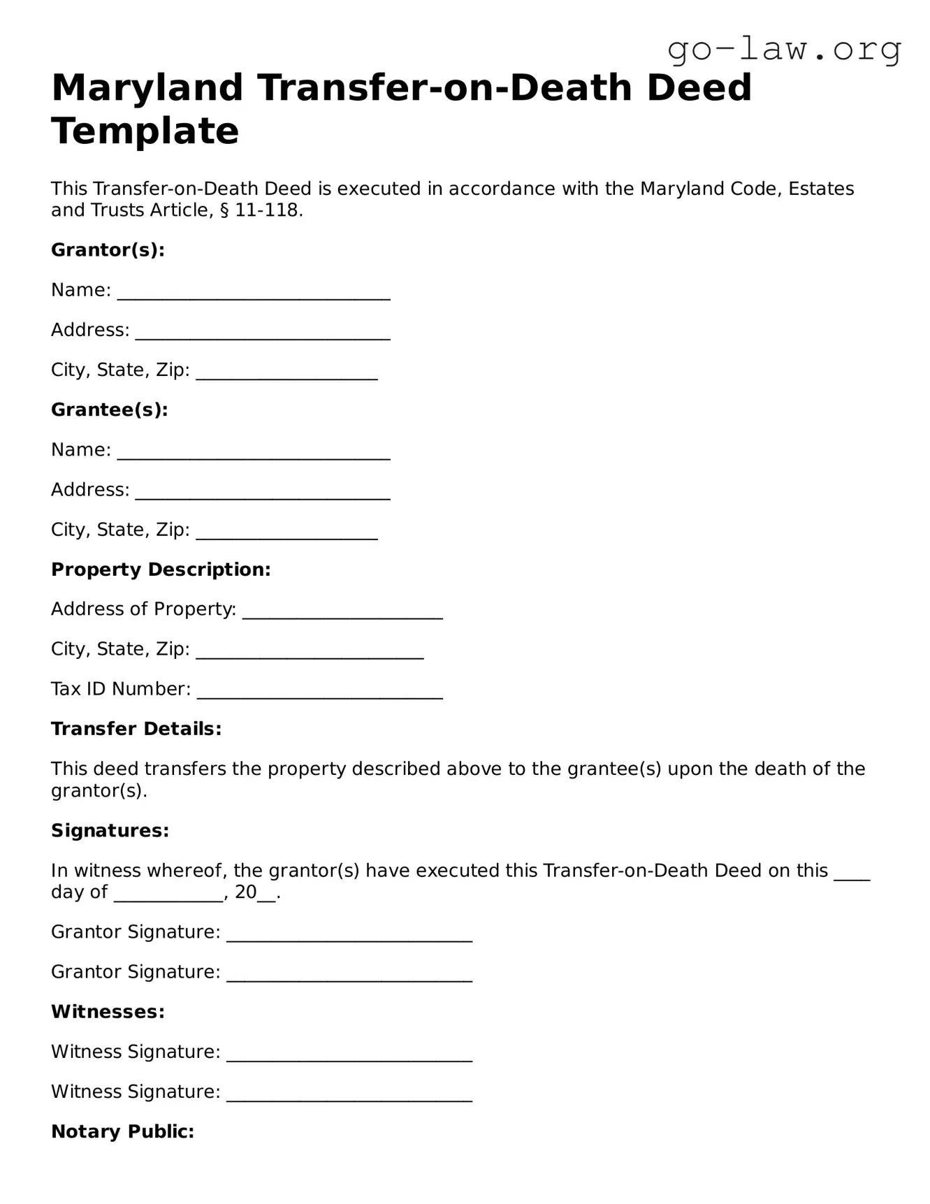 Fillable Maryland Transfer-on-Death Deed Form