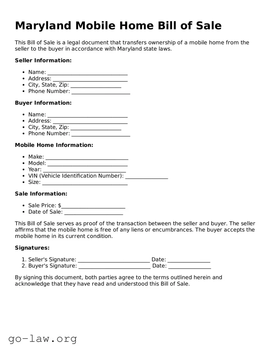 Fillable Maryland Mobile Home Bill of Sale Form