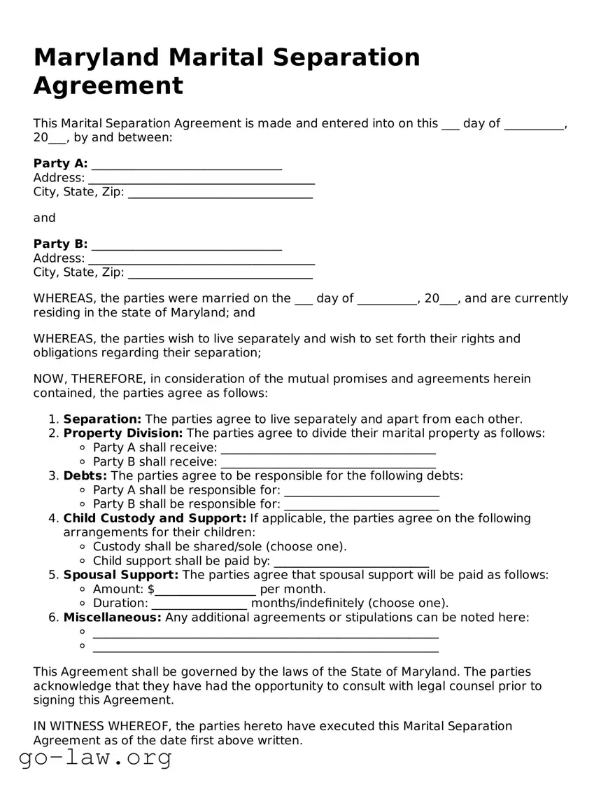 Fillable Maryland Marital Separation Agreement Form