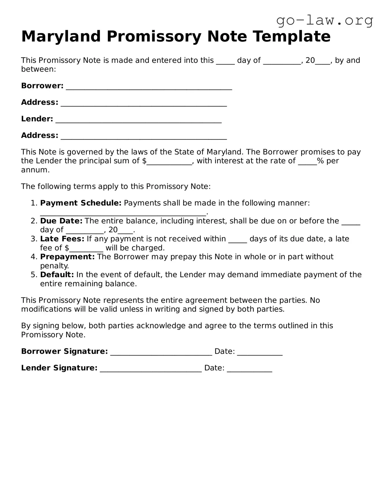 Fillable Maryland Promissory Note Form
