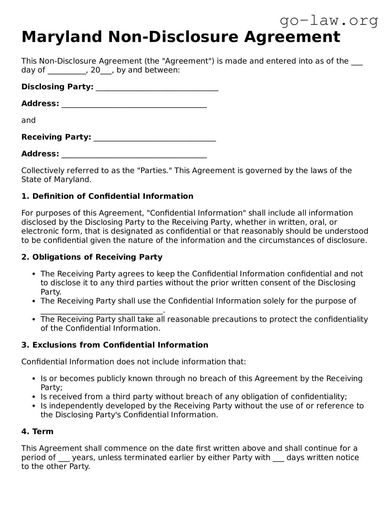 Fillable Maryland Non-disclosure Agreement Form