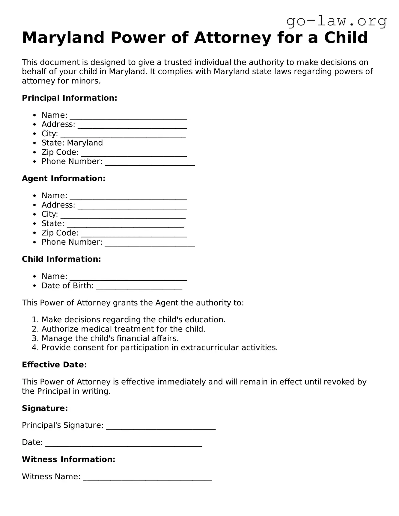 Fillable Maryland Power of Attorney for a Child Form