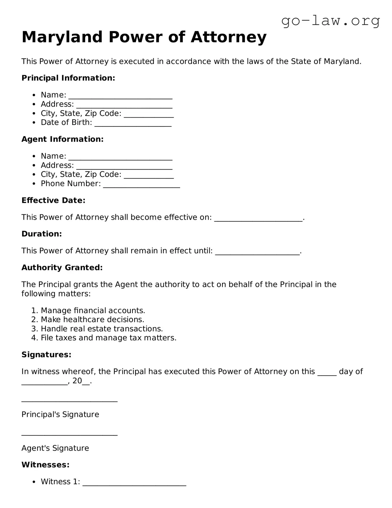 Fillable Maryland Power of Attorney Form