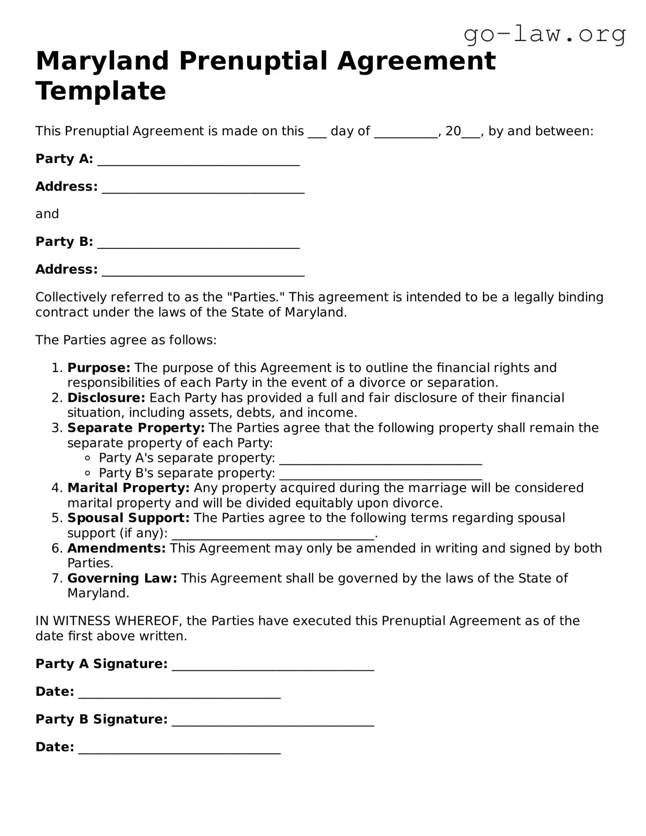 Fillable Maryland Prenuptial Agreement Form