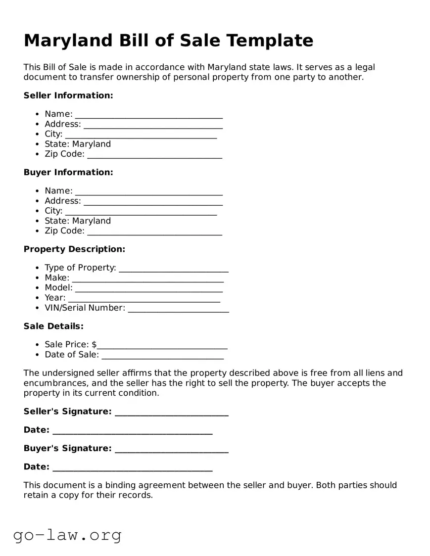 Fillable Maryland Bill of Sale Form