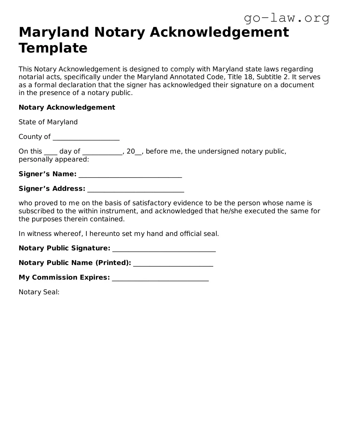 Fillable Maryland Notary Acknowledgement Form