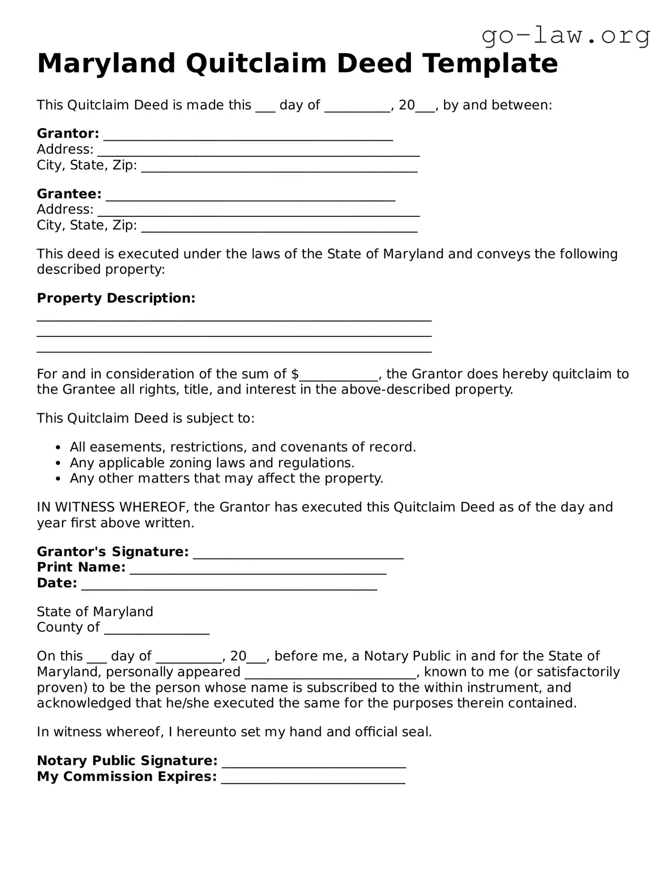 Fillable Maryland Quitclaim Deed Form