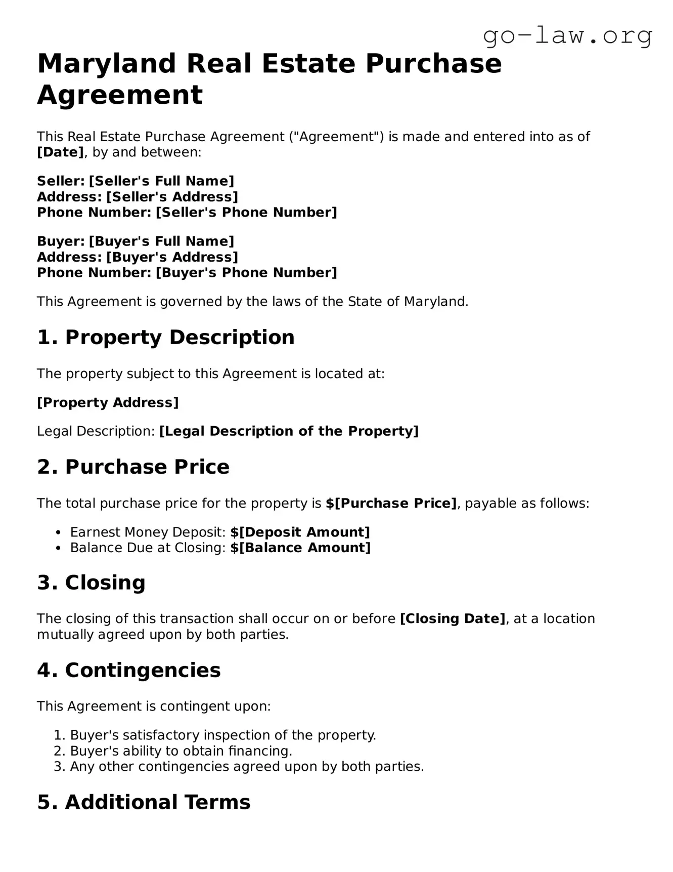 Fillable Maryland Real Estate Purchase Agreement Form