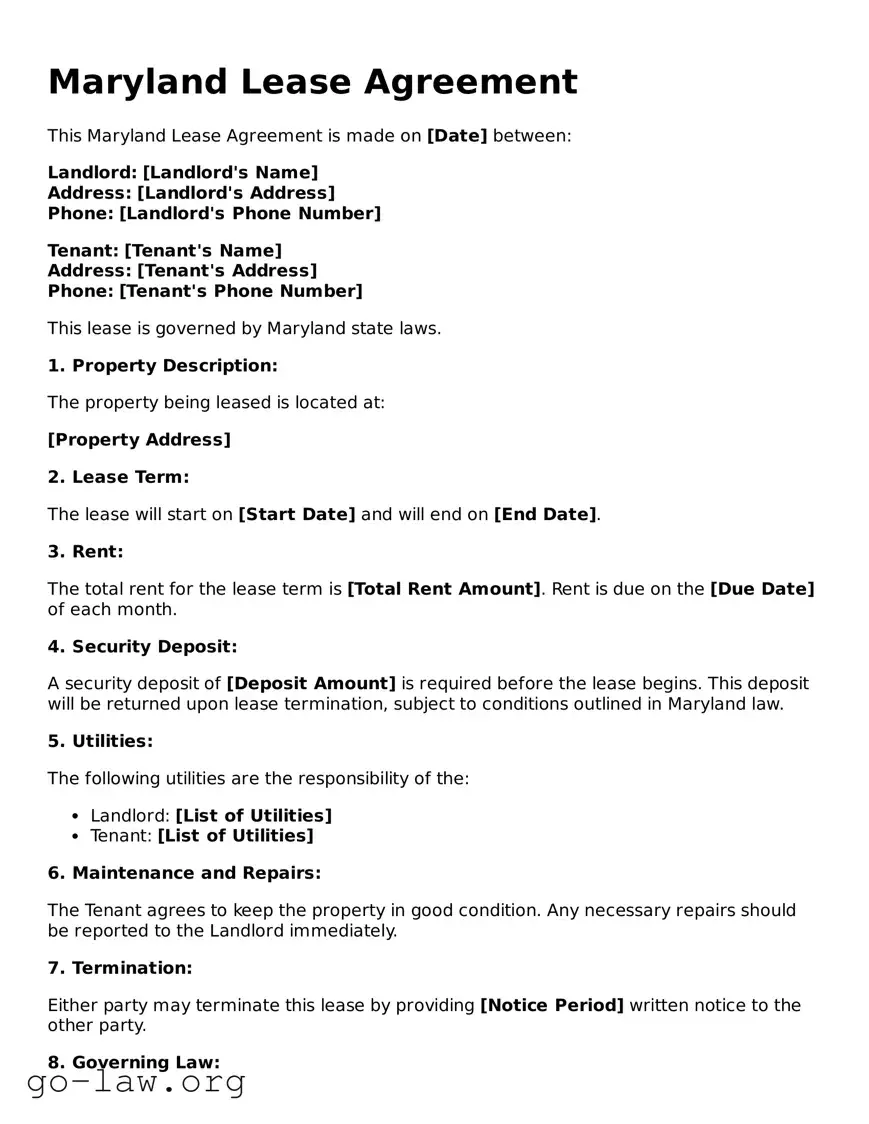 Fillable Maryland Lease Agreement Form