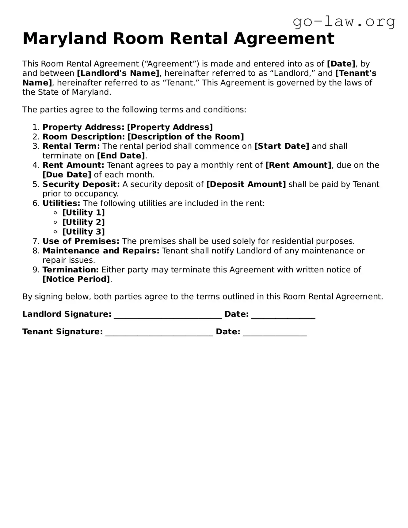 Fillable Maryland Room Rental Agreement Form