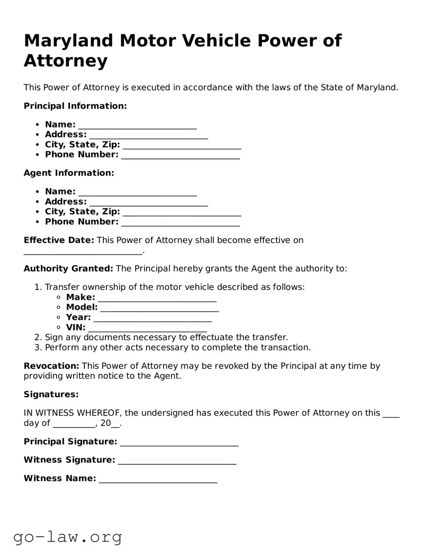 Fillable Maryland Motor Vehicle Power of Attorney Form