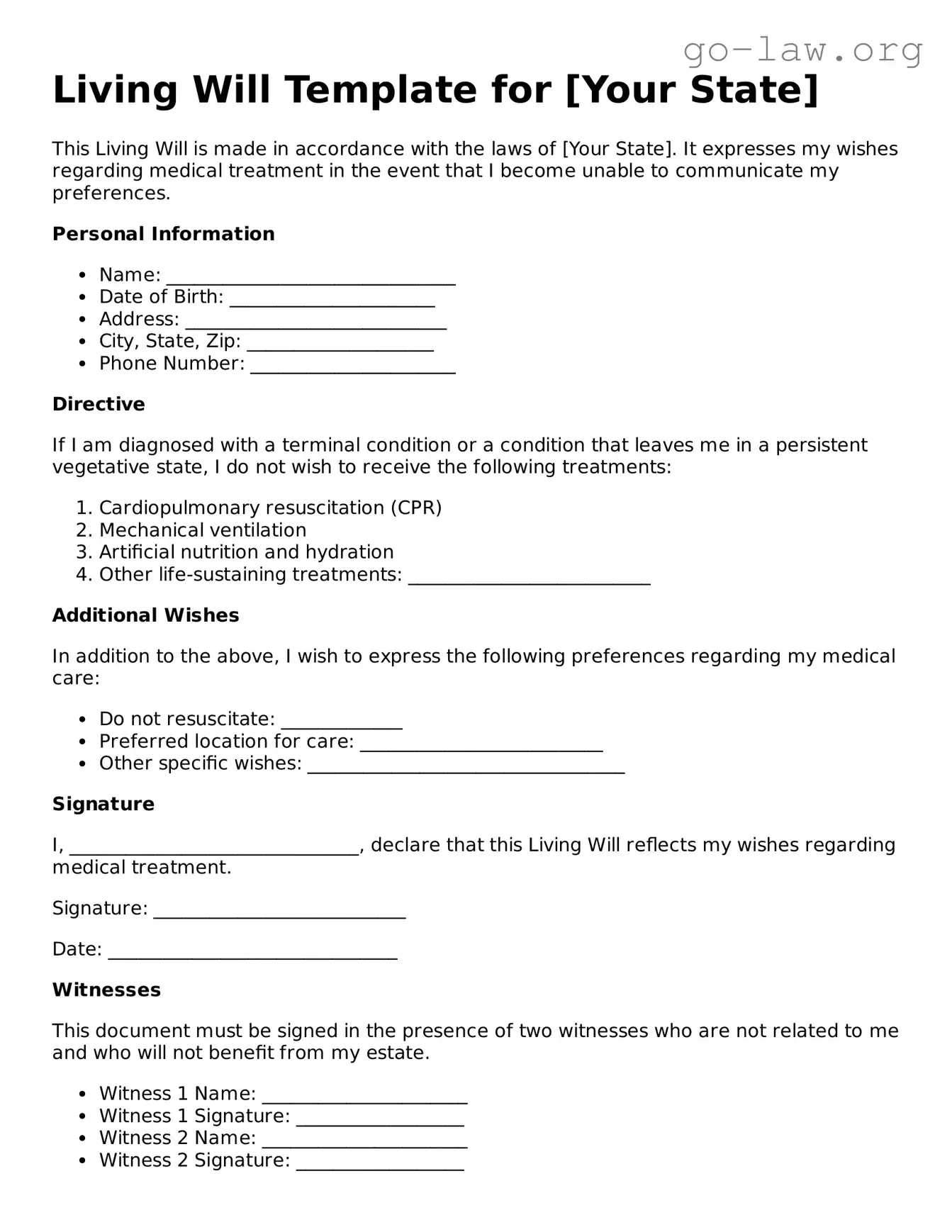 Blank Living Will Template