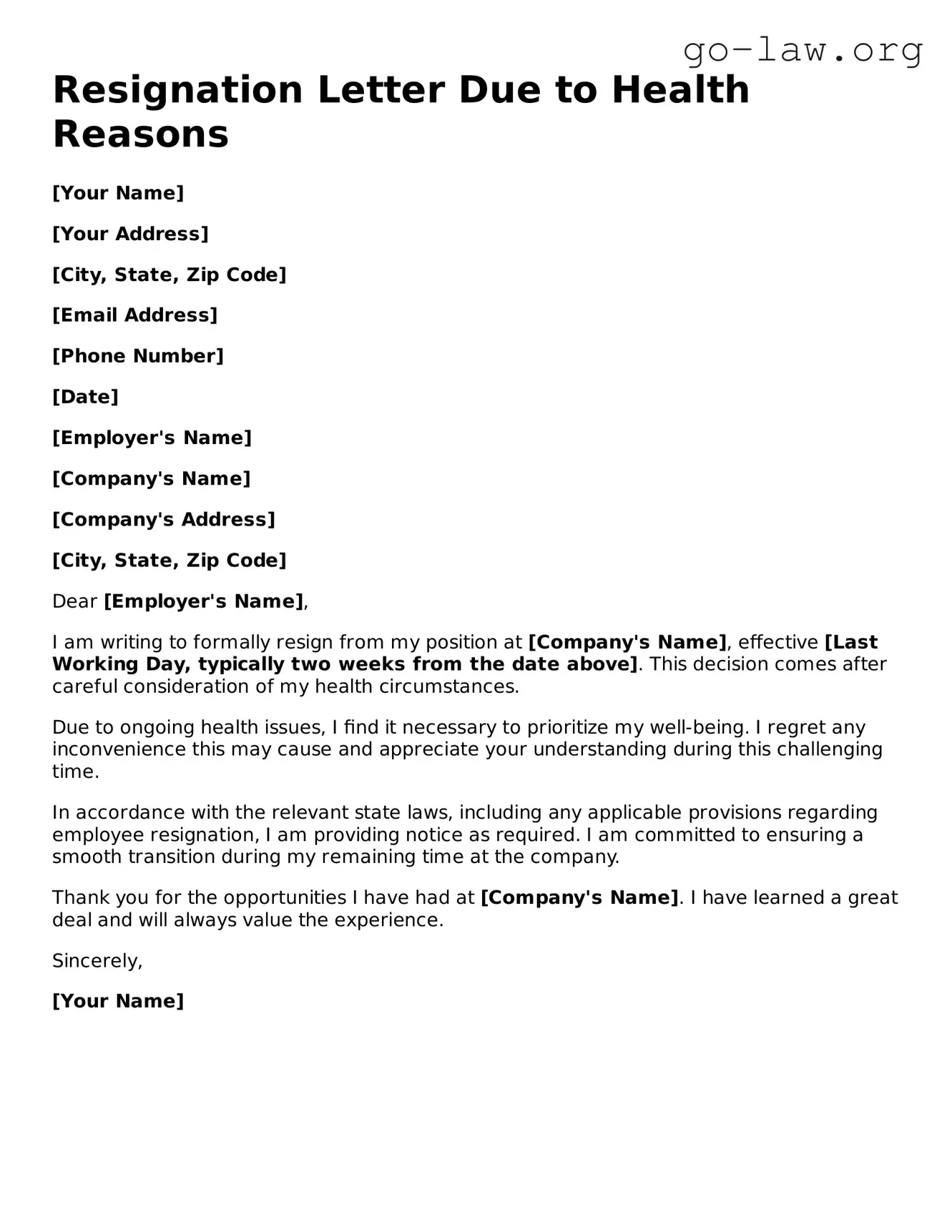 Blank Resignation Letter Due to Health Reasons Template