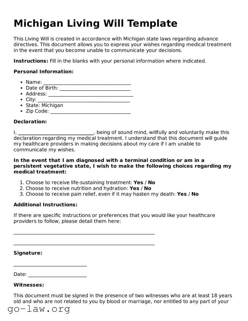 Fillable Michigan Living Will Form