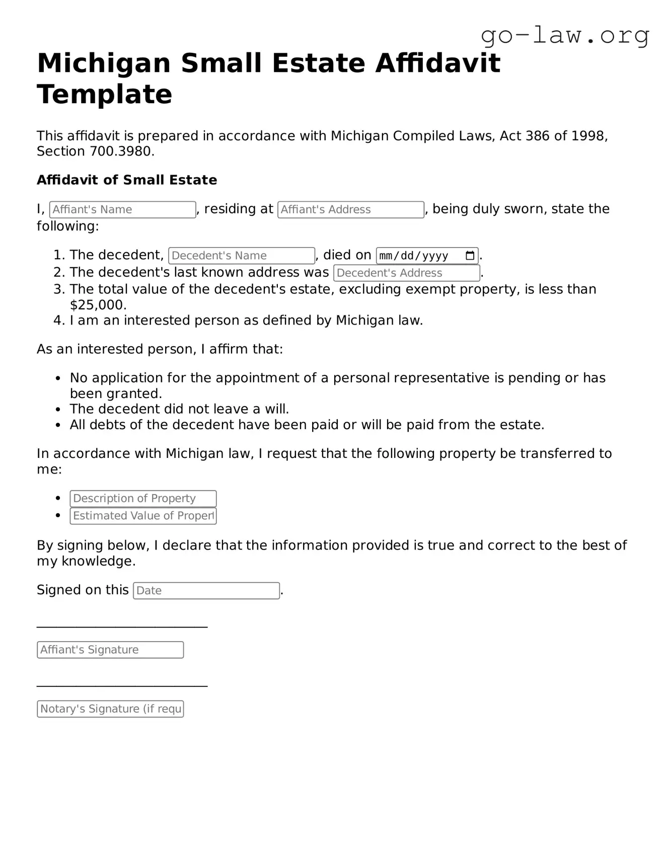 Fillable Michigan Small Estate Affidavit Form