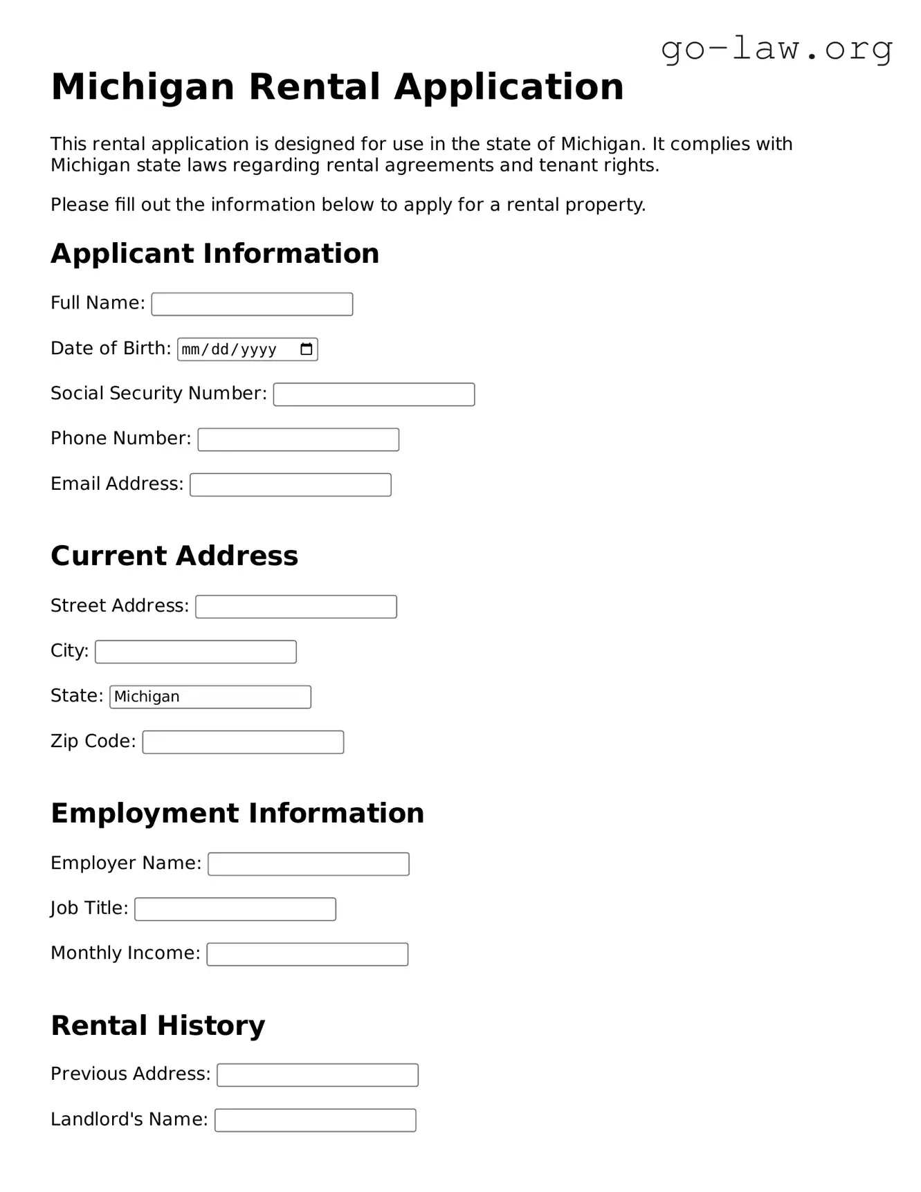 Fillable Michigan Rental Application Form