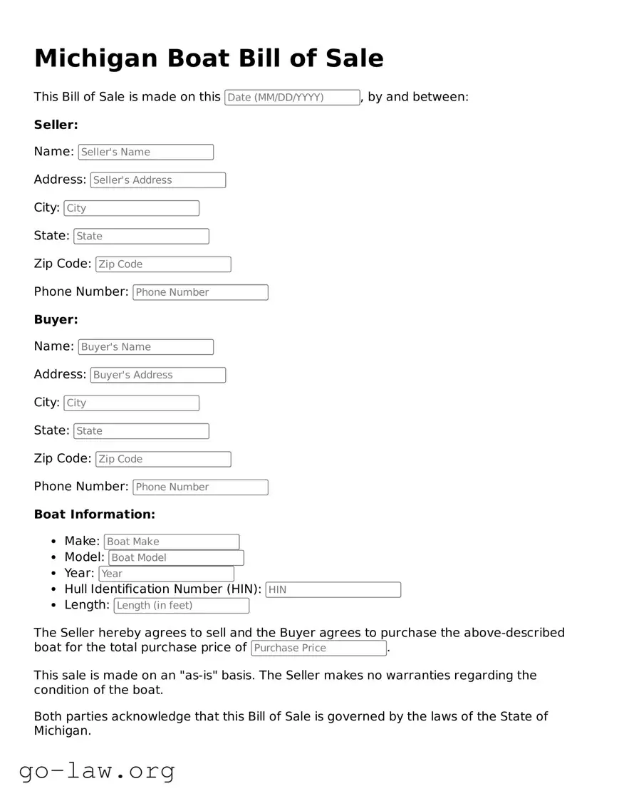 Fillable Michigan Boat Bill of Sale Form