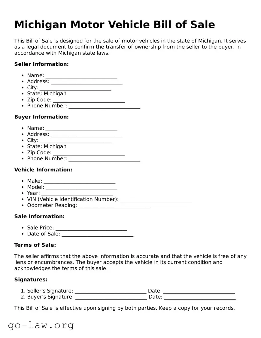 Fillable Michigan Motor Vehicle Bill of Sale Form