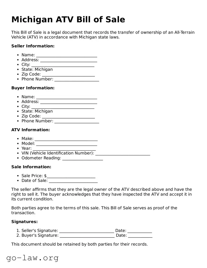 Fillable Michigan ATV Bill of Sale Form