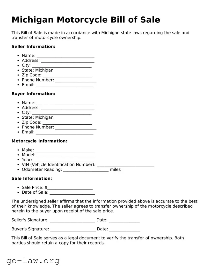Fillable Michigan Motorcycle Bill of Sale Form