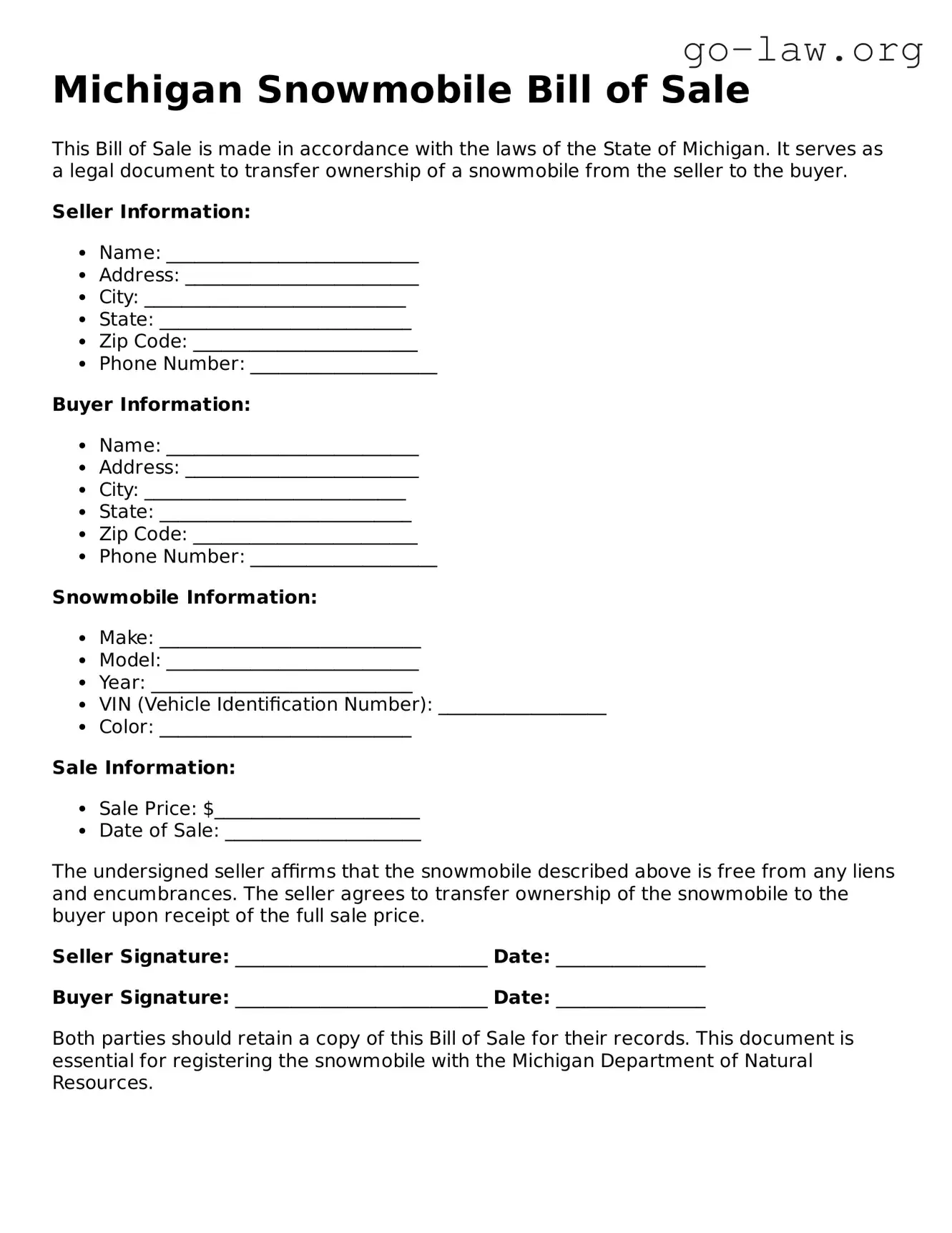 Fillable Michigan Snowmobile Bill of Sale Form