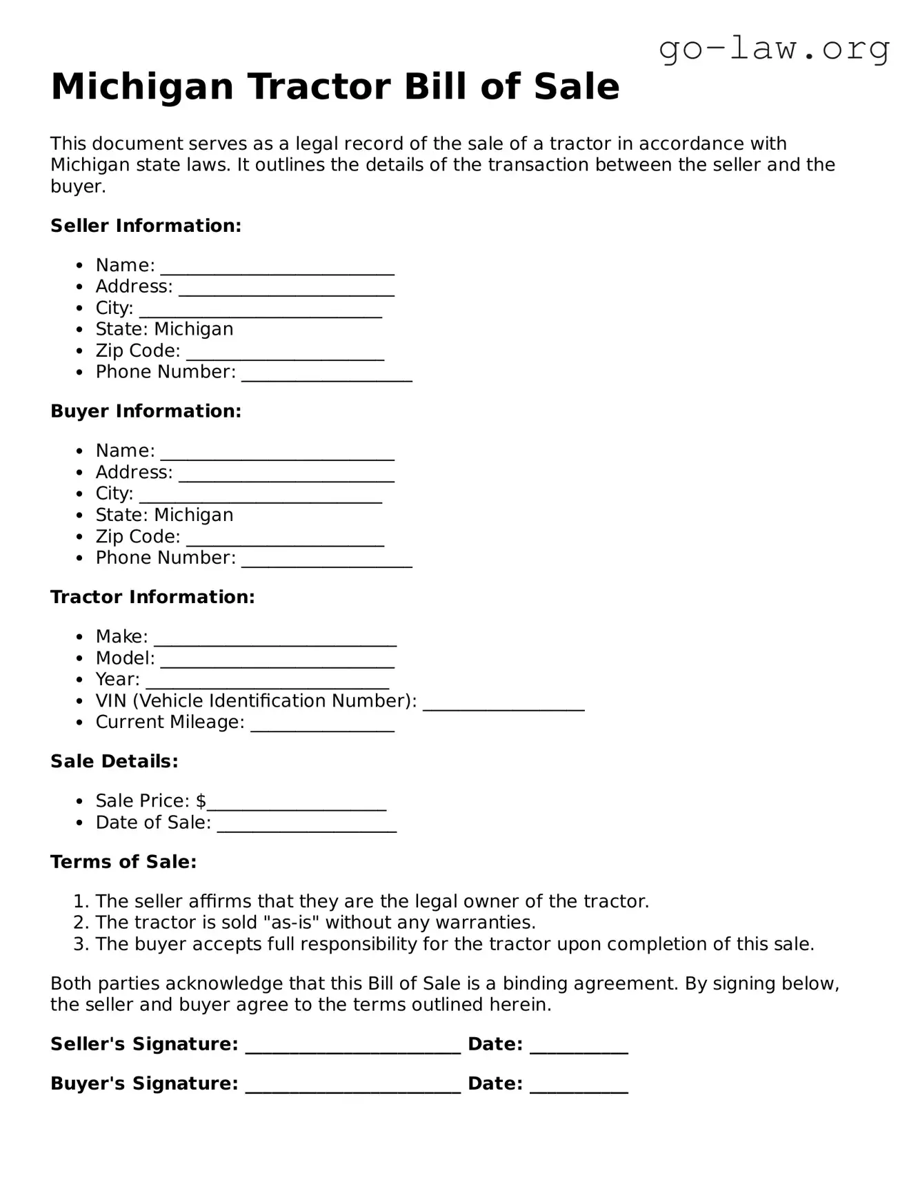 Fillable Michigan Tractor Bill of Sale Form