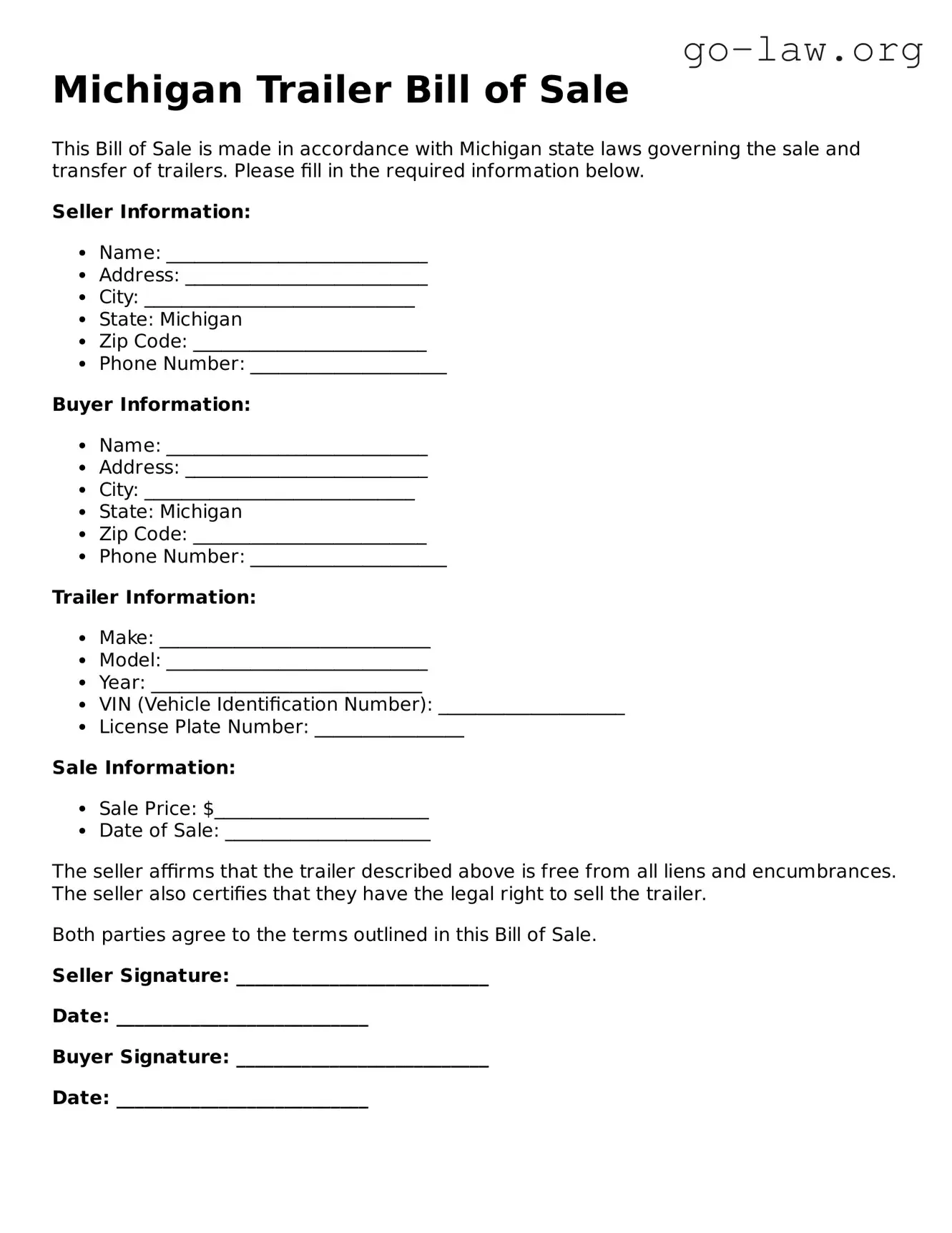 Fillable Michigan Trailer Bill of Sale Form