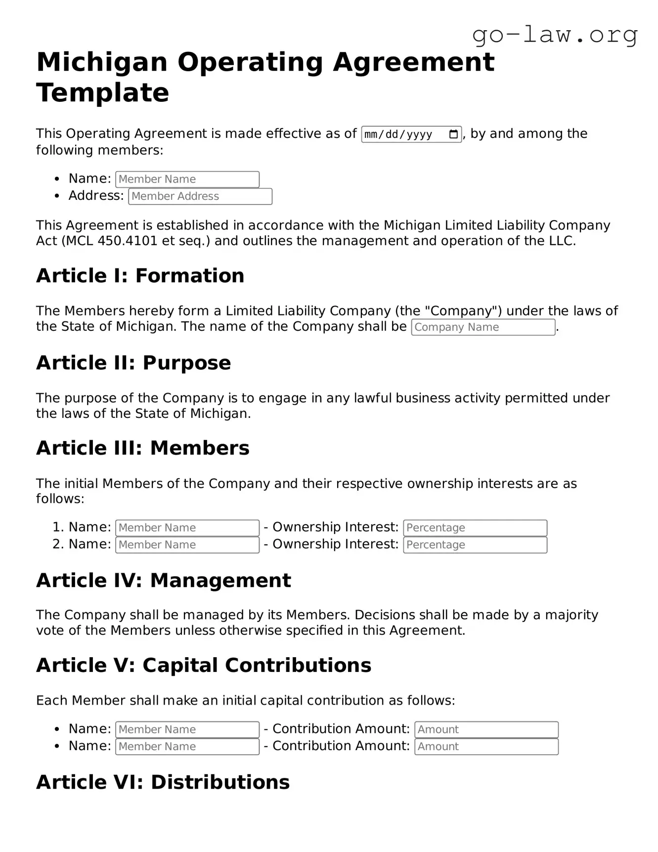 Fillable Michigan Operating Agreement Form