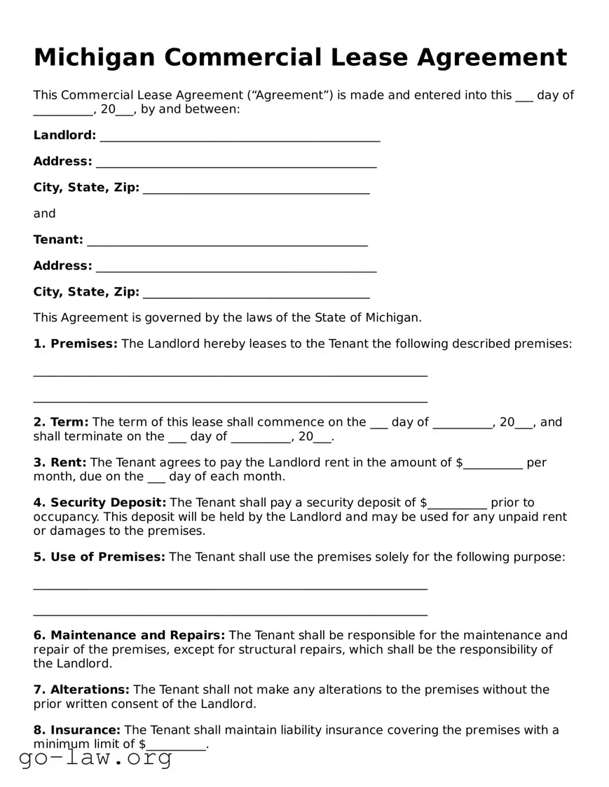 Fillable Michigan Commercial Lease Agreement Form