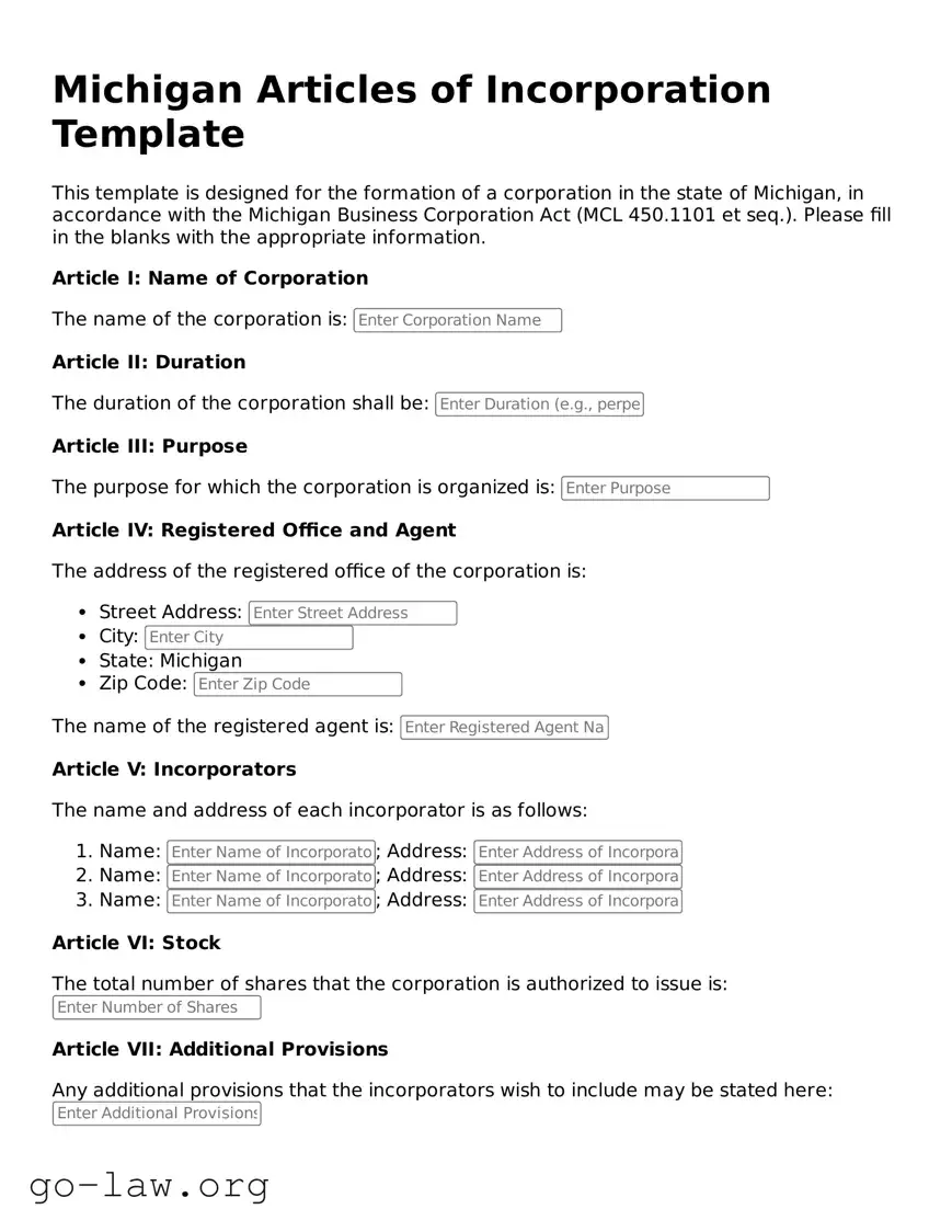 Fillable Michigan Articles of Incorporation Form