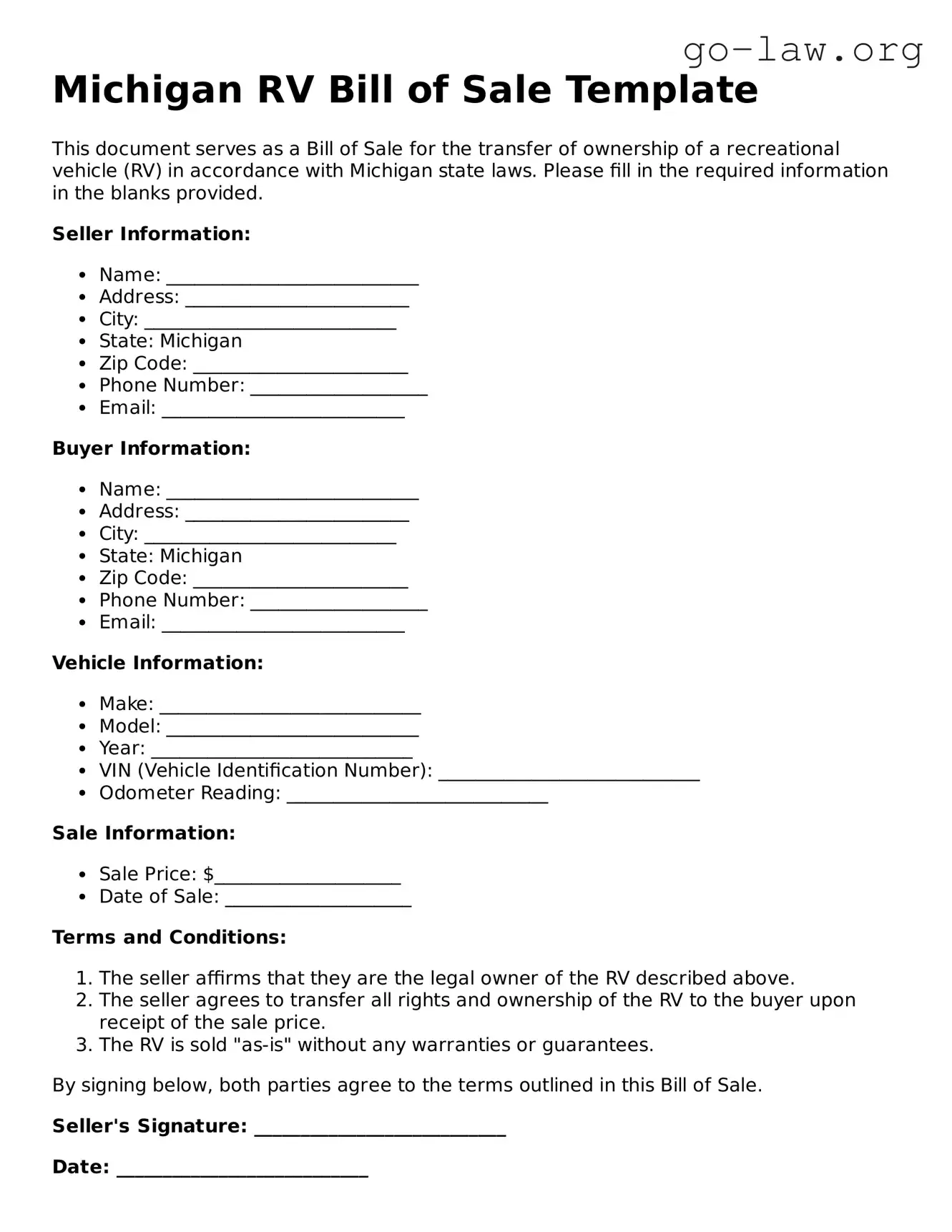 Fillable Michigan RV Bill of Sale Form