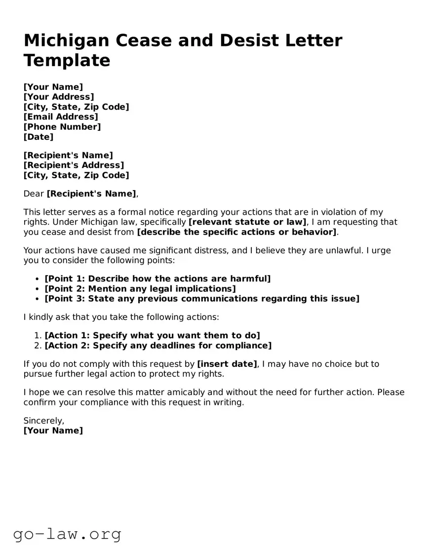 Fillable Michigan Cease and Desist Letter Form