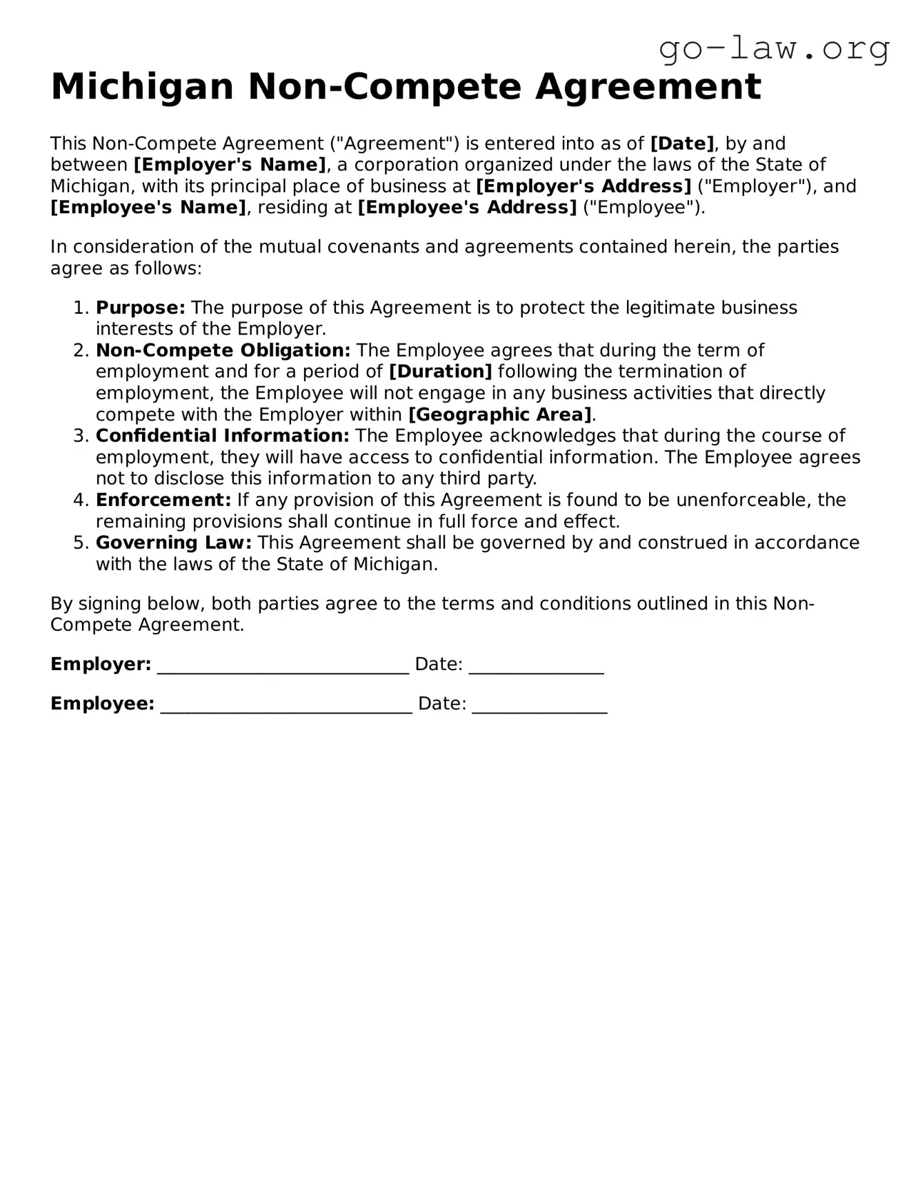 Fillable Michigan Non-compete Agreement Form