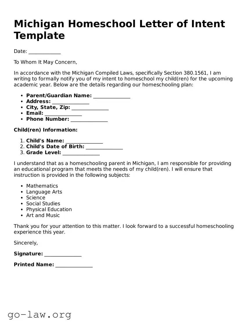 Fillable Michigan Homeschool Letter of Intent Form