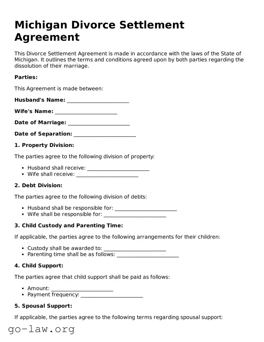 Fillable Michigan Divorce Settlement Agreement Form