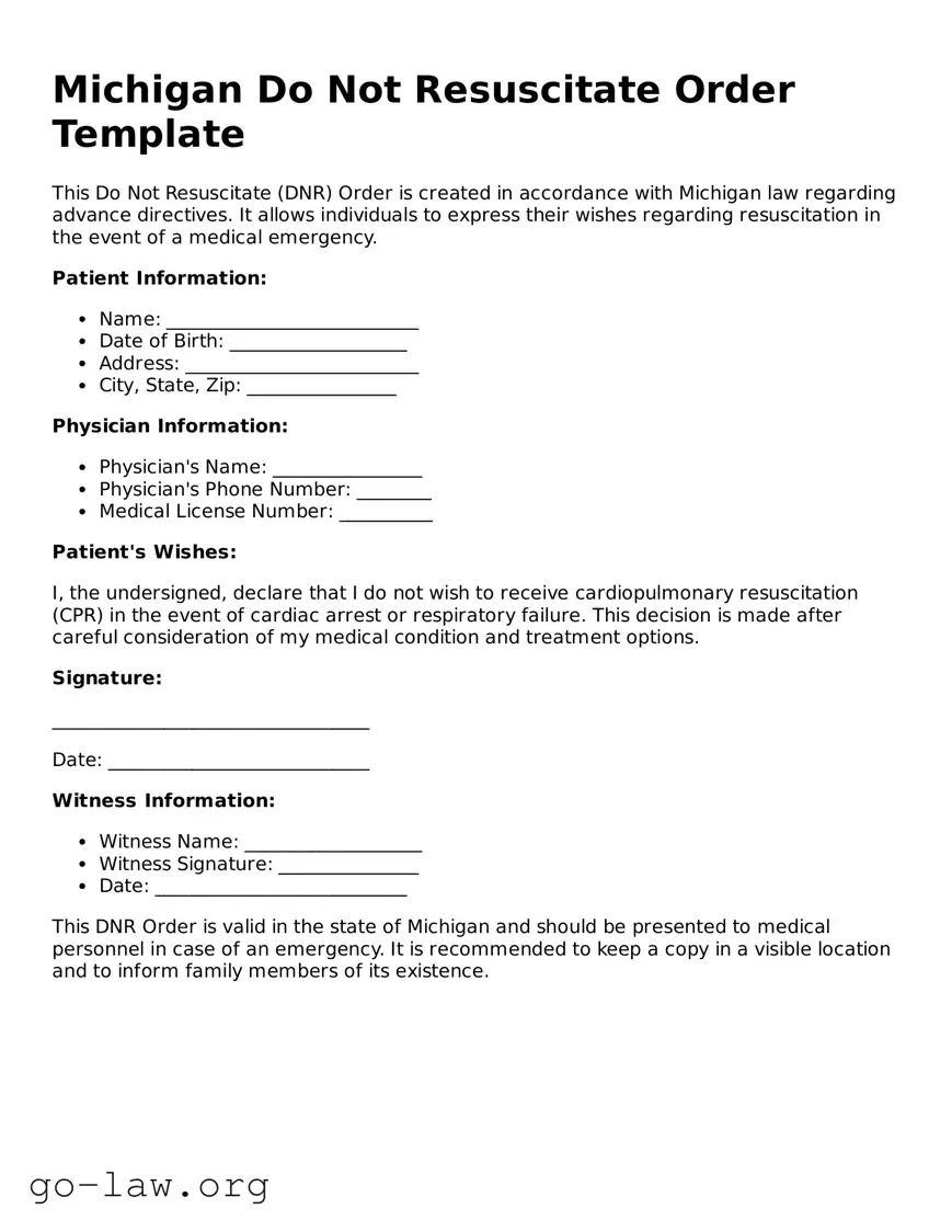 Fillable Michigan Do Not Resuscitate Order Form