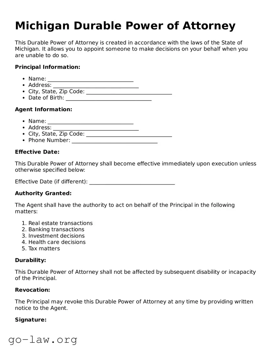 Fillable Michigan Durable Power of Attorney Form