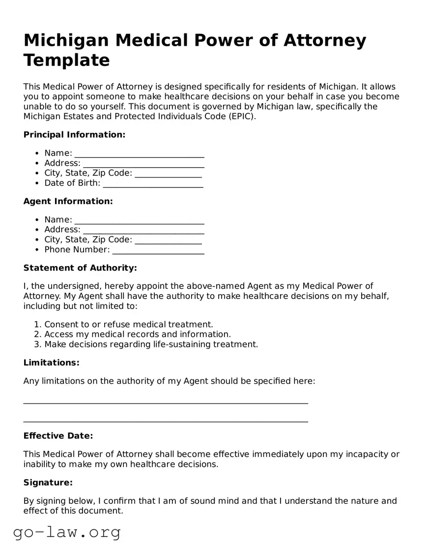 Fillable Michigan Medical Power of Attorney Form