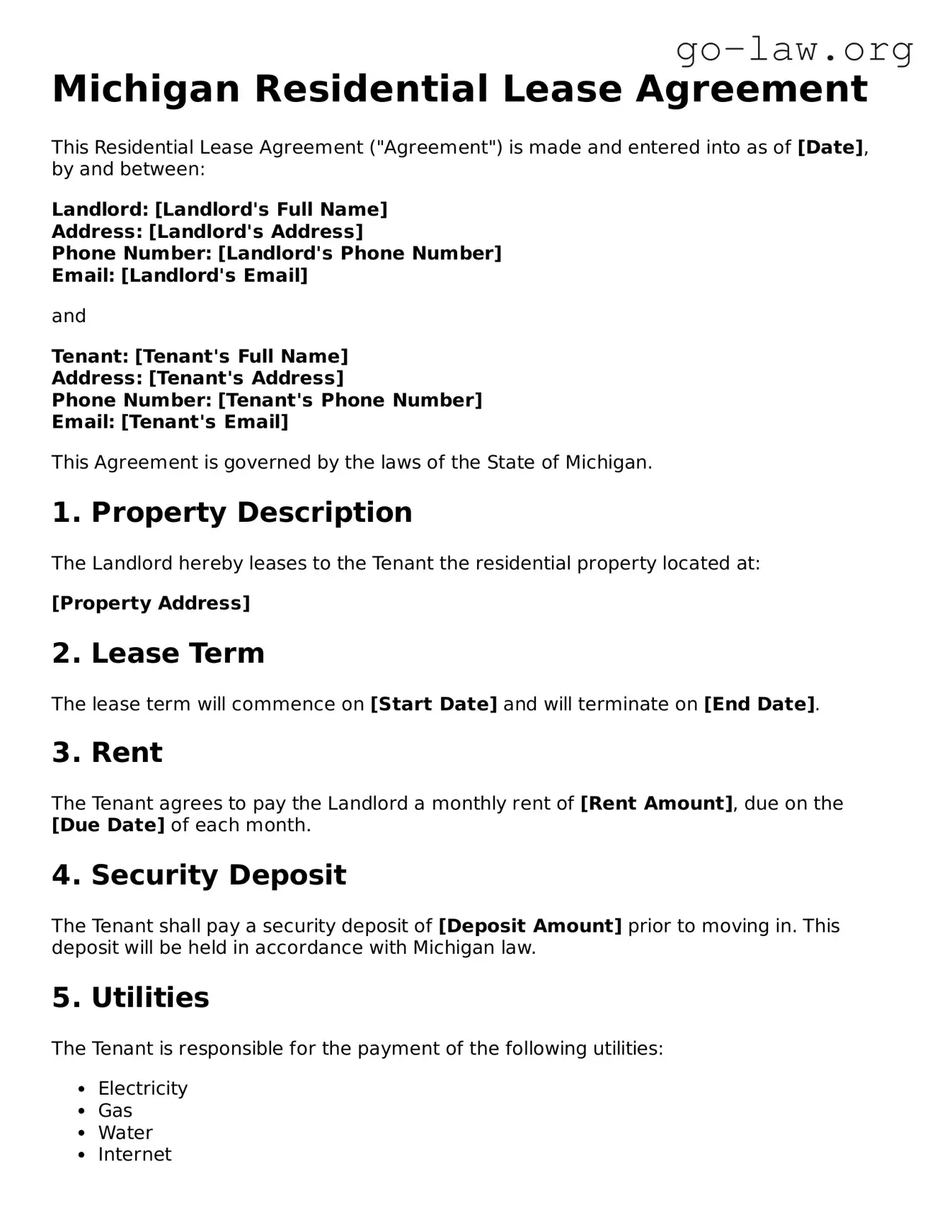 Fillable Michigan Residential Lease Agreement Form