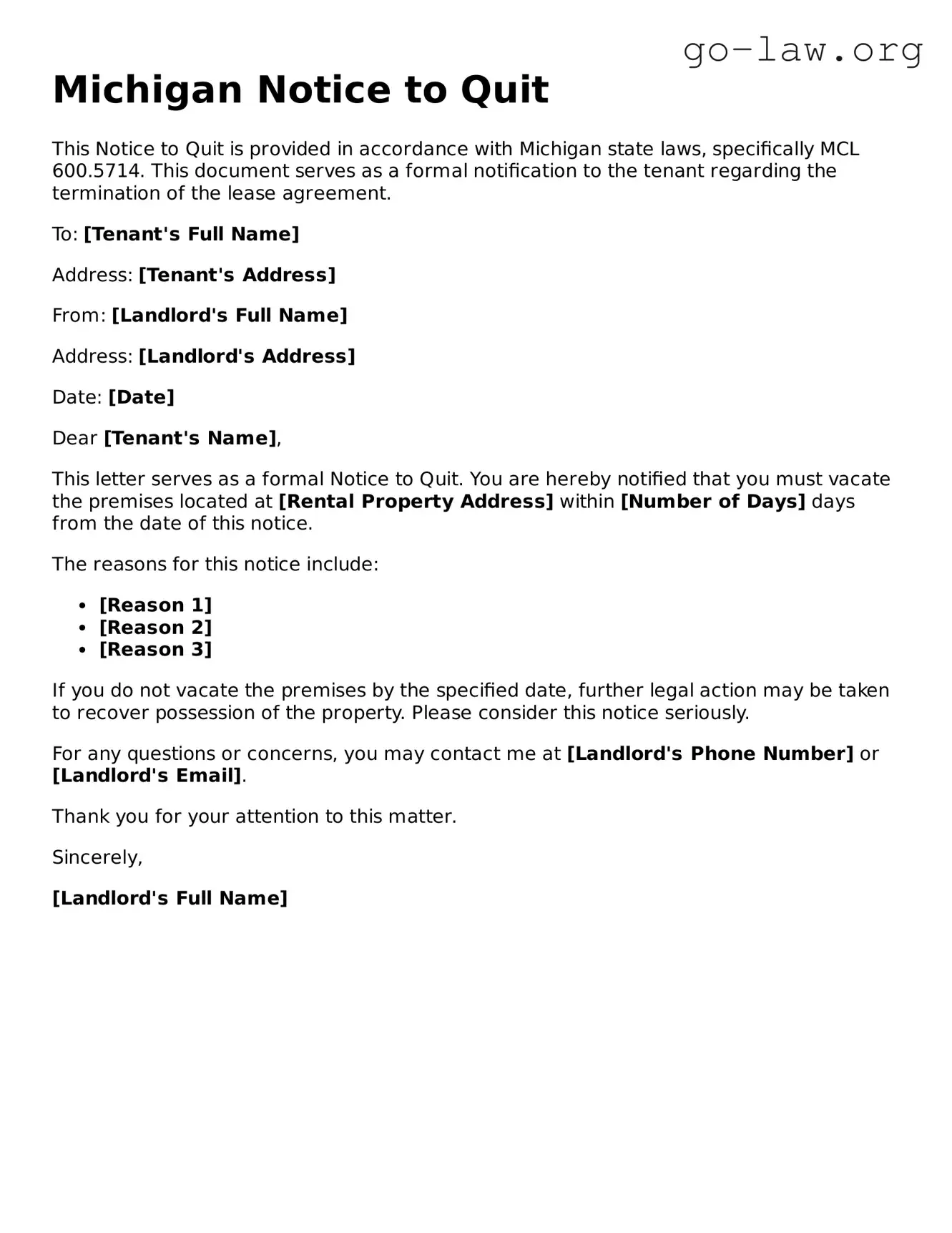 Fillable Michigan Notice to Quit Form