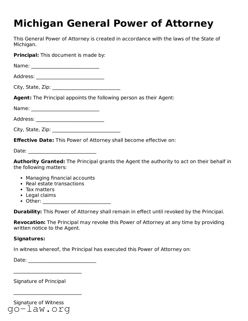 Fillable Michigan General Power of Attorney Form