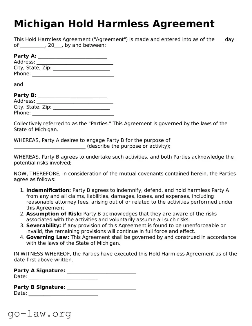 Fillable Michigan Hold Harmless Agreement Form