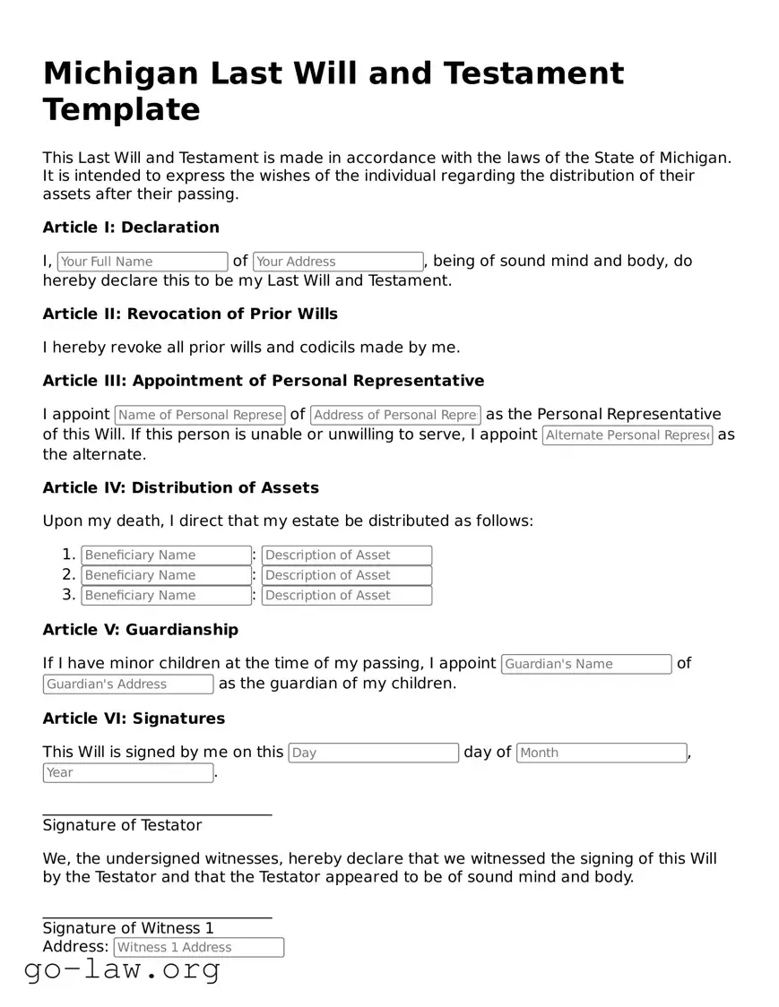 Fillable Michigan Last Will and Testament Form