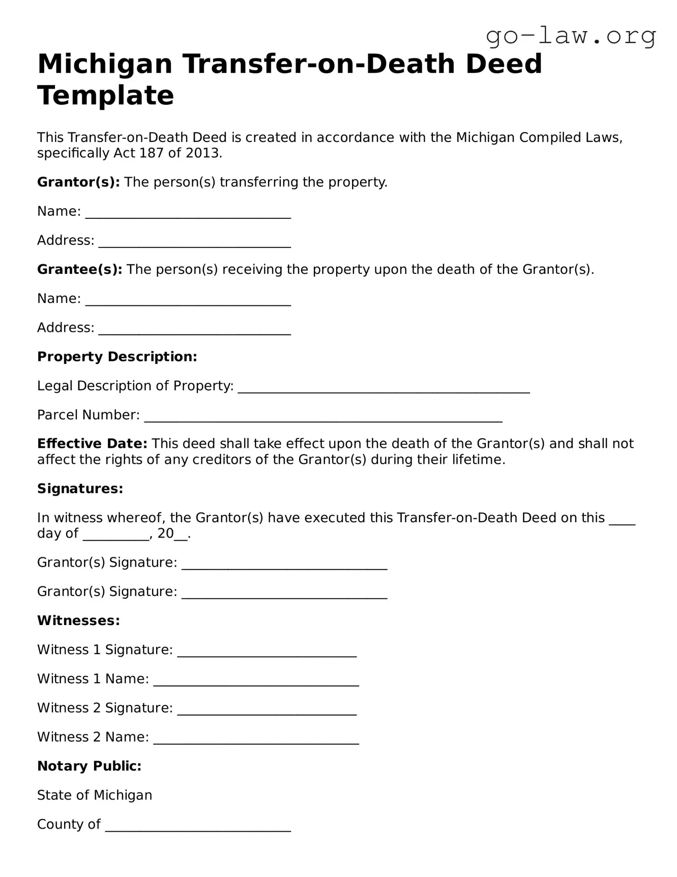 Fillable Michigan Transfer-on-Death Deed Form
